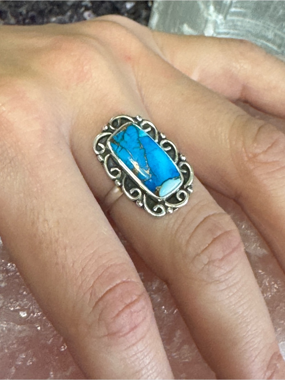 Ice Blue Turquoise Dahlia Sterling Silver Scrollwork Ring - Size 8